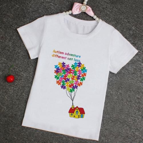 New Girls Tshirt Spring 2021 Femme Embroidered Hot Air Balloon Autism Jigsaw Printed Blouse Boy Or Girl Tee Tops Kids Clothing