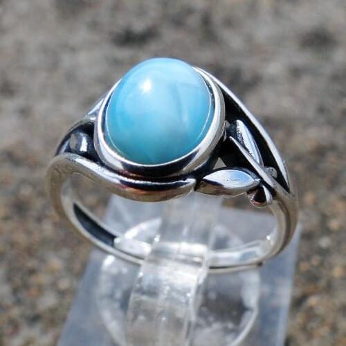 Antique Vintage 925 Sterling Silver Jewelry Natural Dominca Larimar Leaf Band Ring For Engagement Wedding Rings