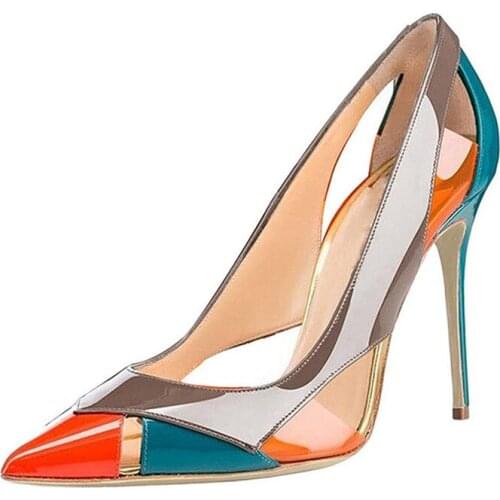 Pumps High Heels Ladies Shoe Mixed Colors Pointed Toe Thin Heel Brand Women Shoes Shallow Hollow Outs Patent Leather Single Shoe