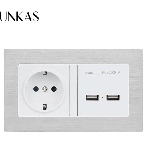 UNKAS French Plug Socket Power Outlet Stainless Steel Panel Dual USB Wall Charger Adapter Charging 2100ma Wall Charger Adapter