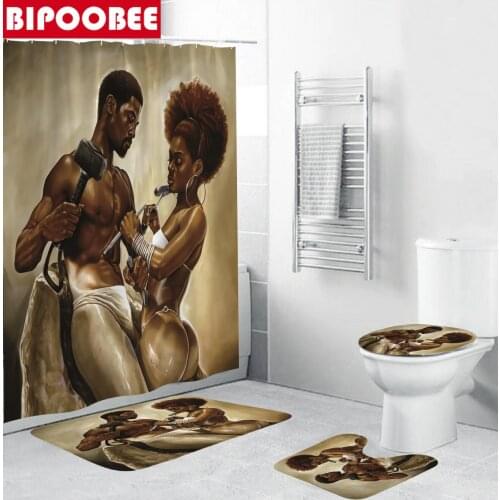 180x180cm African Strong Man Women Polyester Fabric Shower Curtain Bathroom Design Curtains with 12 Hooks Bath Mat Cover Set