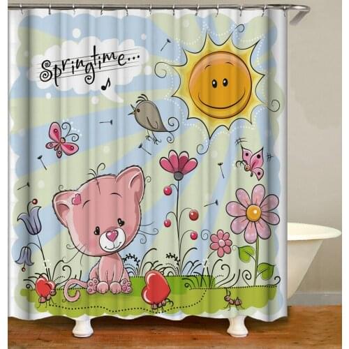 Animal Shower Curtain Cartoon Sun Flower Bear Bath Accessories with 12 Hooks Waterproof Polyester Fabric Bathroom Decor