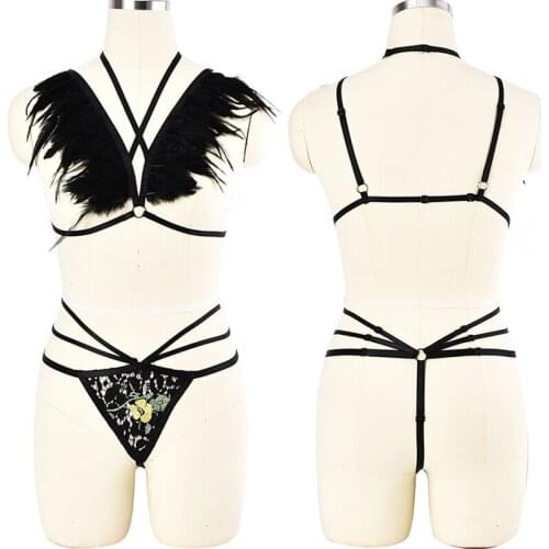 Women Black Goth Feather Body Harness Festival Rave Wear Pole Dance Fetish Cage Bra Lace Embroidery Mesh G-string Briefs Panties