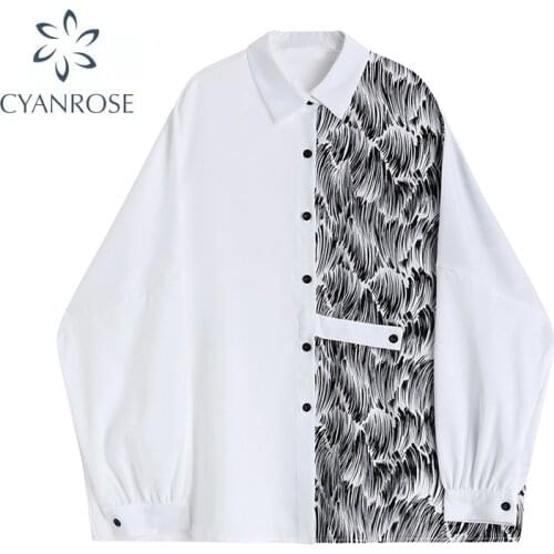 2021 Autumn Turn Down Collar Long Sleeve Blouse Women Single Breasted Casual Vintage Office Patchwork Shirt Streetwear New