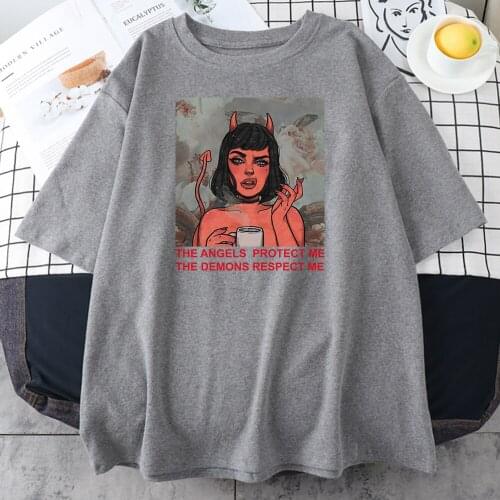 The Angels Protect Me The Demons Respect Me Print Womens t-Shirts Summer Loose Tops Casual Style Tshirt Vintage Womens Tshirt