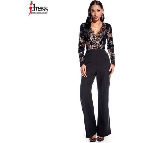 IDress Women Sexy V Neck Sequin Jumpsuit Long Sleeve Wide Leg Bodysuit Luxury Lace Patchwork Autumn Winter One Piece Overalls
