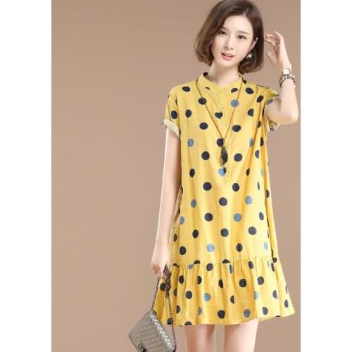 2021 New Women Summer Polka Dot Printed Dress Short Sleeve Sundress Female Casual Robe Cotton Plus Size 4xl A-Line Vestidos B220