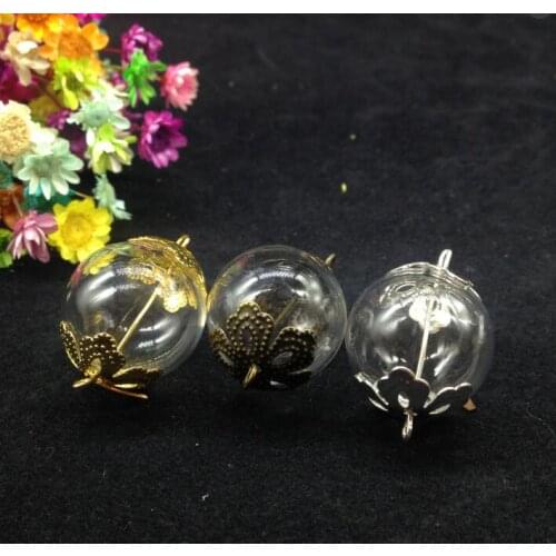 100sets 20mm transparent Glass Global Vial Two Hole Open & Flower Beads Cap &Eye Pin DIY Glass Vial Pendant necklace Jewelry
