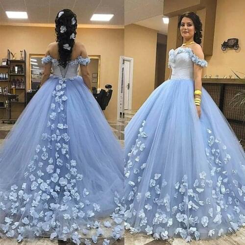 Cinderella Baby Blue Quinceanera Dresses With Handmade Flower Florals Off The Shoulder Ball Gown Prom Dress Sweet 16 Engagement