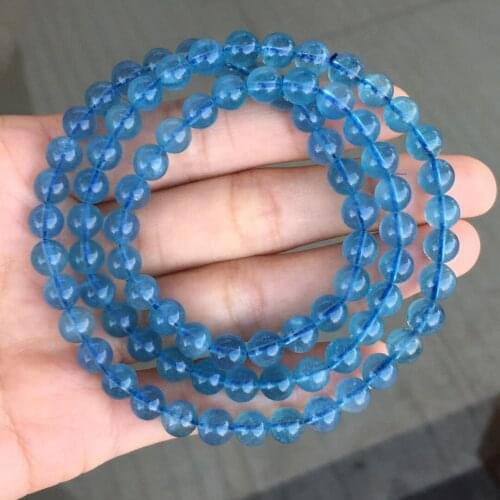 6.7mm Natural Blue Aquamarine Bracelet 3 Laps Clear Round Beads Women Men Stretch Crystal Jewelry Brazil AAAAAA