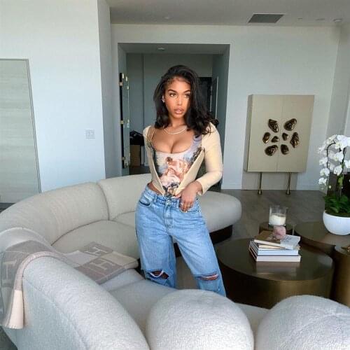 European and American 2021 New Square Collar Printed Long-Sleeved T-shirt Sexy Fashion Design Tight Top