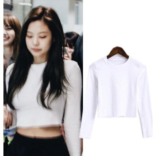 Kpop Korean Celebrity 2021 summer new white Long-sleeve T shirt women korean casual tshirts women slim harajuku tees short tops