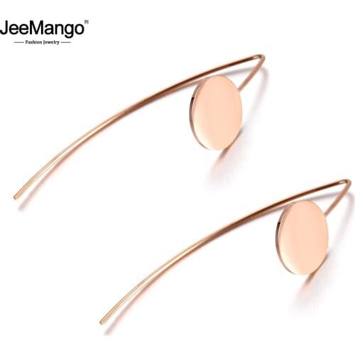 JeeMango Stainless Steel Jewelry Rose Gold Long Stick Round Disc Earrings Punk Hyperbole Style Earring For Women Gift JE18100