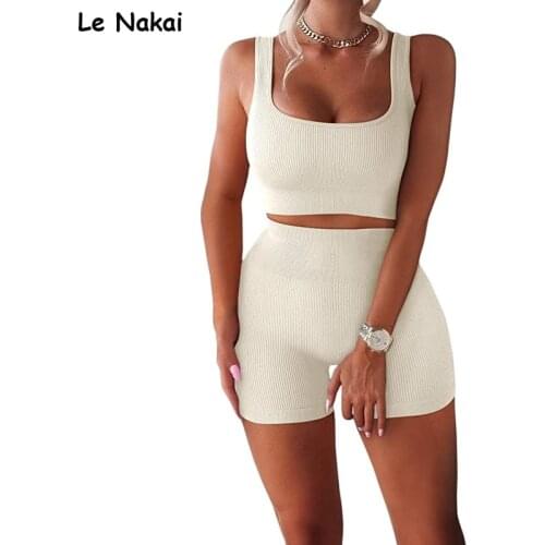 2 Piece Workout Sets for Women Seamless Ribbed Crop Tank High Waist Biker Shorts Set Summer Yoga Tracksuit Gym Clothing Outfits
