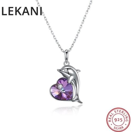 LEKANI Cute Heart Dolphin Pendant Necklaces Original Crystals From Swarovski Accessories S925 Silver Collar For Women Girl Gifts