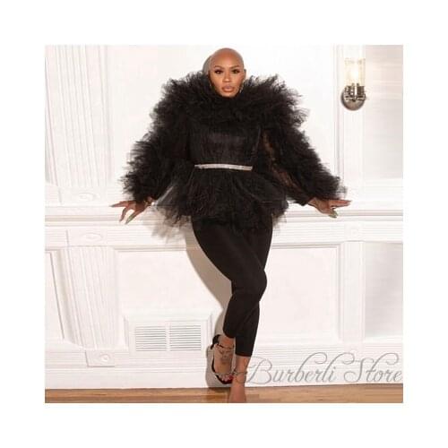 Trendy Black Puffy Tulle Top Women Ruffled Full Sleeves Plus Size See Through High Street Shoot Tulle Tops Custom Made