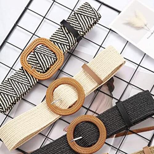 Fashion Boho Women Weaving Straw Elastic Waist Band Pin Buckle Belt Dress Jeans Decor Belt For Ladies