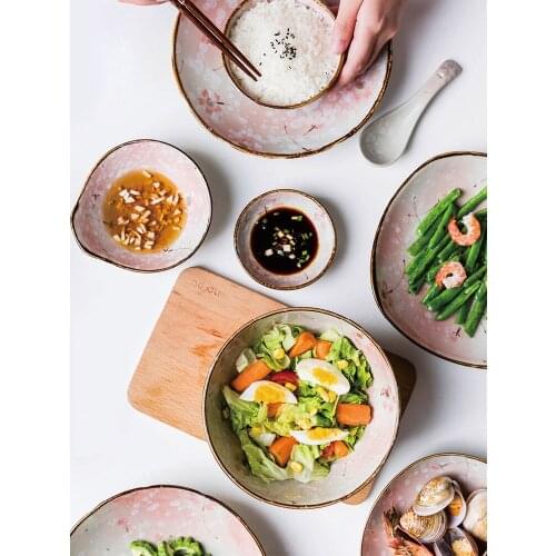 Sakura bowls and plates set Japanese golden rim porcelain tableware ceramic dinner plate home creative rice bowl Eco-Friendly