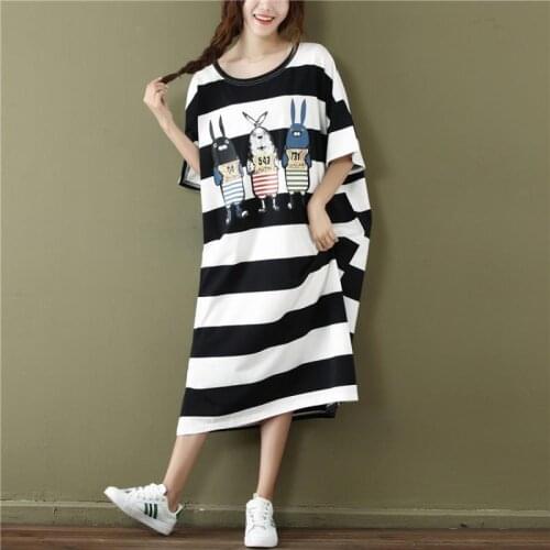 Summer Women Casual Loose Printed t Shirt Dress O-Neck Plus Size Stripe Dress Thin Mid-Length Short Sleeve Basic Dresses