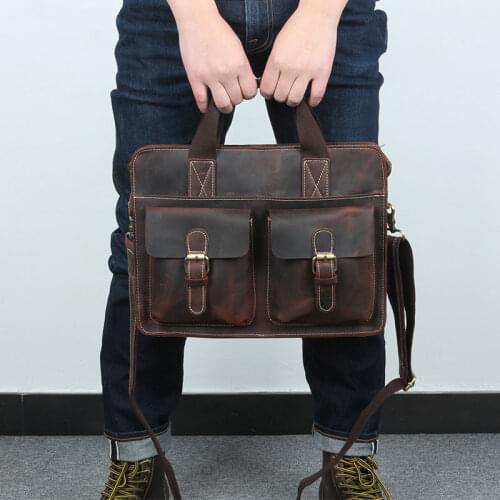 Genuine Leather Men Handbags Special Offer Pure Handmade Crazy Horse Leather Vintage Briefcase 14" Laptop Bag Retro