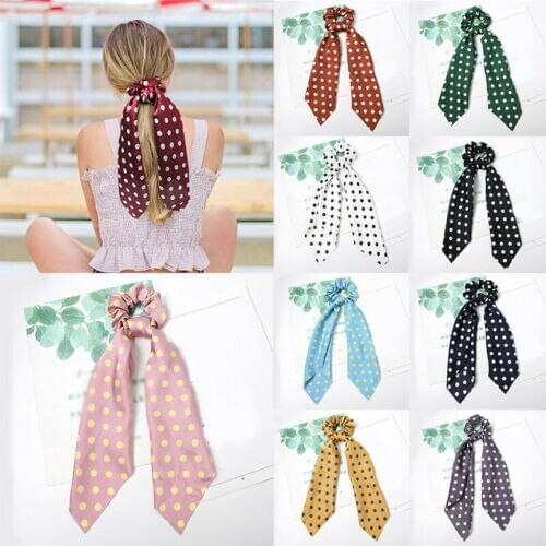 Hair Elastic Ponytail Scrunchies Scarf Big Dot Bow Ties Ropes Long Print Ribbon