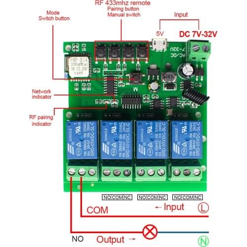 EWeLink Smart Remote Control Wifi Wireless Switch Module 4CH DC5V 12V 32V AC 220V Inching Self-Locking RF Receive 10A Relays