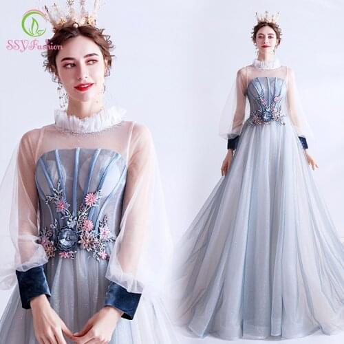 SSYFashion New Luxury Long Sleeve Evening Dress High-neck Lace Appliques Sequins Beading Long Prom Formal Gown Vestidos De Noche