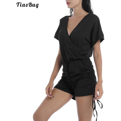 TiaoBug Women Summer Sexy Solid Jumpsuit V Neck Short Sleeves Elastic Waist Side Drawstring Pleated Designed Shorts Bodysuit