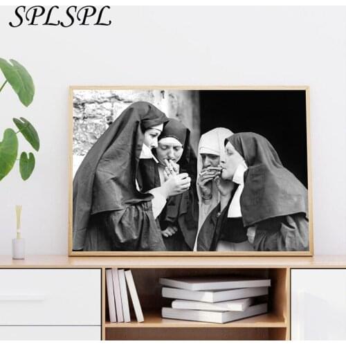 Smoking Nuns Prints Vintage Photo Black and White Poster Cigarette Funny Wall Art Canvas Painting Picture Weird Room Home Decor