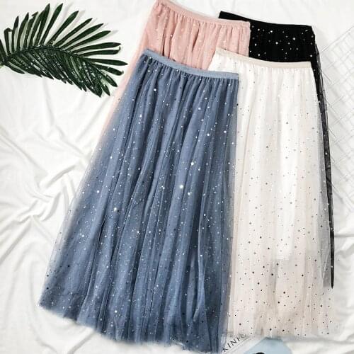 Zoki Elegant Korean Women Tulle Skirt Fashion Sequin Star Summer Mesh Ladies Long Skirt Elastic High Waist Party White Skirt
