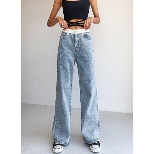Autumn and winter street casual stitching contrast color wide-leg jeans women, high-waisted loose straight-leg long jeans women