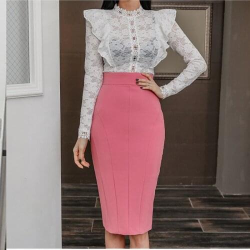 New 2 Pieces Set Women Spring Summer White Lace Ruffle Shirts Blouses And High Waist Bodycon Pencil Skirts Office Lady Suit