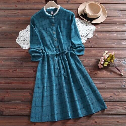 Women Elegant Plaid Dress Ruffled Long Sleeve Vintage Vestidos Cotton Linen Casual Dress