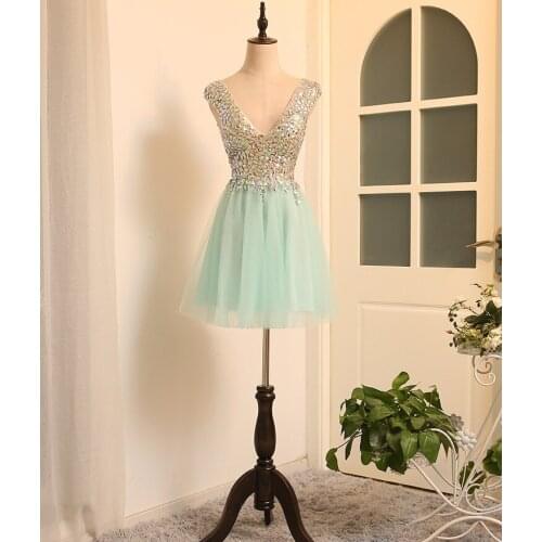 New Ice Blue Short Prom Dress 2020 Sexy Deep V Neck Sleeveless Beading Crystal Luxury Girls Homecoming Party Gown Plus Size