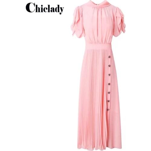 CHICLADY Elegant Ladies Pleated Midi Dress Puff New Summer Women Pink Chiffon Ruffles Diamonds Button Fashion Stand Collar Dress