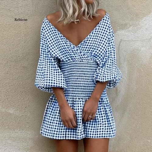Women Summer Sexy V-Neck Off Shoulder Dress Elastic Waist Plaid Mini Dress New Vintage Lantern Sleeve Spring Fashion Party Dress