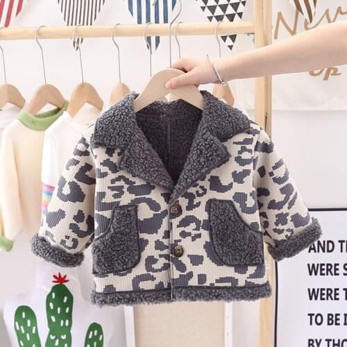 Winter Leopard Print Children Print Clothes Baby Boy Girl Plus Velvet Thicken Clothing Kids Leisure Turn Down Collar Parkas Suit