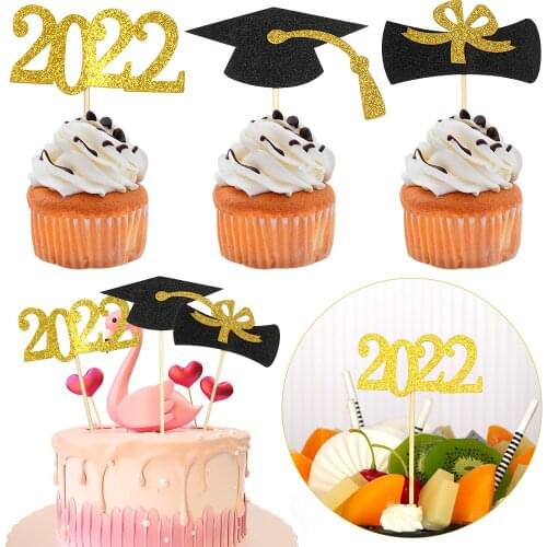 12Pcs 2021Graduation Cake Topper Food Picks Mini Glitter Cupcake Toppers Cake Decorations DIY Party Cake Topper Congrats Grad