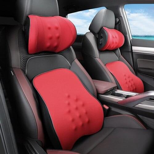 2PCS Car Massage Pillow Lumbar Pillow Universal Headrest Seat Back Support Relieve Fatigue Auto Neck Support Red