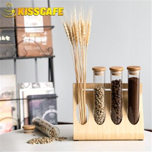 Wooden Coffee Beans Tea Display Rack Stand Glass Test Tube Sealed Storage Decorative Ornaments Cereals Canister for Barista