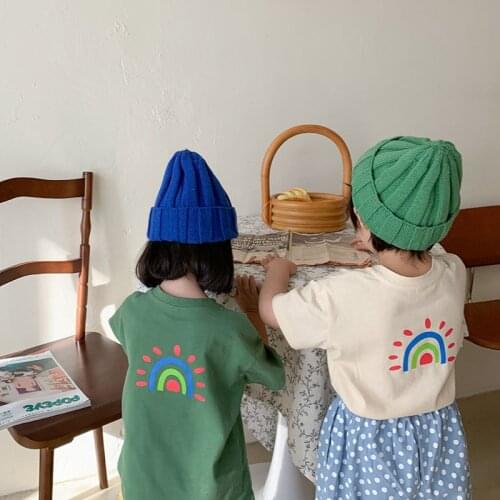 2021 Summer New Kids T-shirt Rainbow Print Tops Solid Cotton Tops O-neck Short Sleeve Clothes for Boys and Girls 2Piece suit