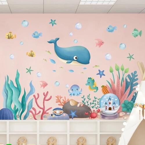 DIY Whale Fish Wall Stickers Submarine Coral Clusters Plants Wall Decals for Kids Room Baby Bedroom Bathroom House Decoration
