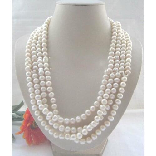 Exclusive design Fine Jewelry100" Long 7-8 mm natural white round freshwater pearl necklace free shipping