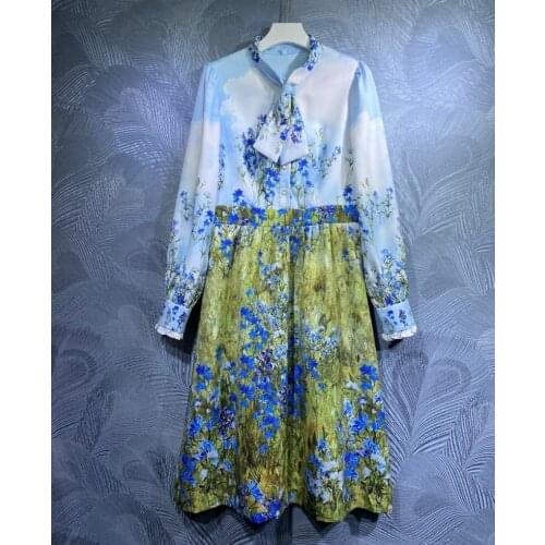 Bow Tie Elegant Dress 2021 Autumn Winter Fashion Designer Clothing Women Charming Floral Print Long Sleeve Party Club Dresses