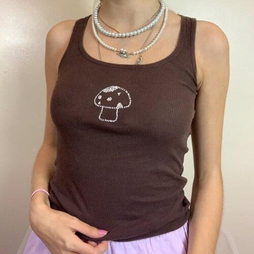 Indie Aesthetics Mushroom Diamond Strappy Brown Tops Vintage U-Neck Sleeveless Tank Top Streetwear Outfits