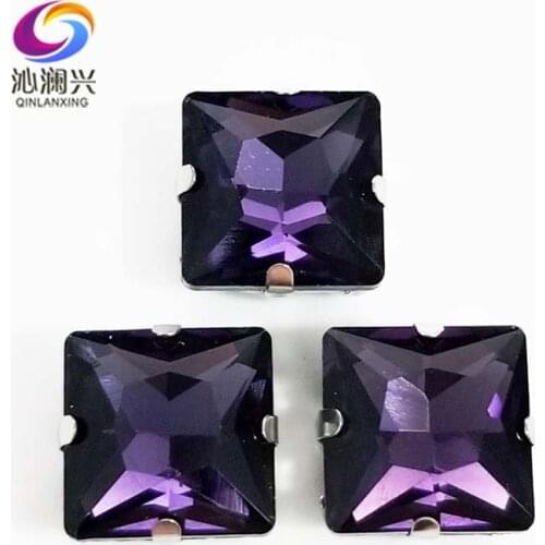 Deep purple top quality Glass Crystal sew on stones,square shape claw rhinestone with holes,Diy/Clothing accessorie SWZ416