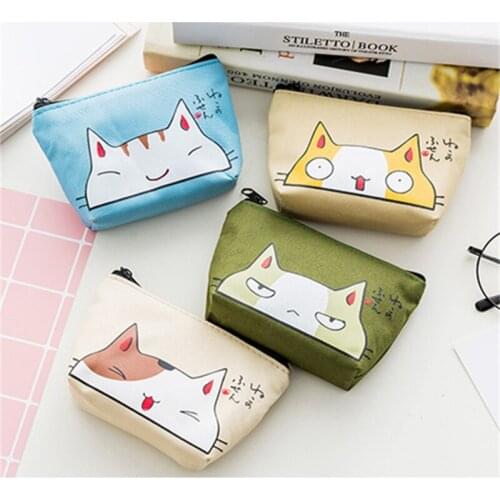 Cute Cat Girl Money Pocket Mini Portable Shopping Wallet Canvas Coin Storage Bag Keys Case Green/Beige/White/Blue Woman Gift