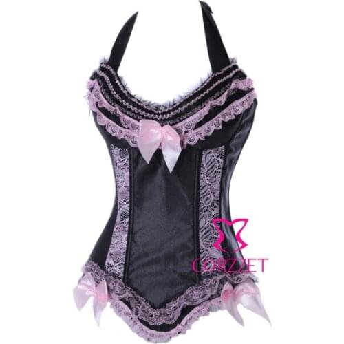 Burlesque Black Satin & Lace Halter-neck Gothic Waist Trainer Corsets Corpetes E Espartilhos Women Sexy Bustier Top Corselete