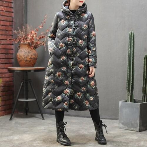 2021 New Autumn Winter Print White Duck Down Jacket 90% Literary Style Loose Long Down Coats Female Button Hooded Down Jackets