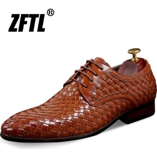ZFTL New dress shoes mens Oxford shoes Woven style cowhide man Business lace-up shoes man Retro formal shoes balck brown